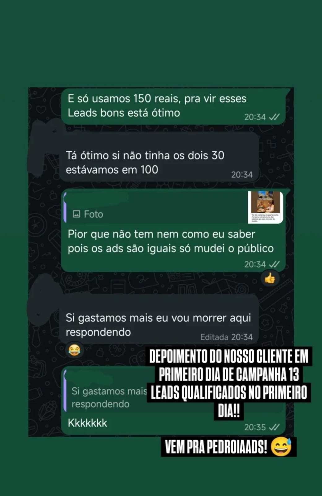 Captura de conversa com cliente sobre leads qualificados na primeira campanha